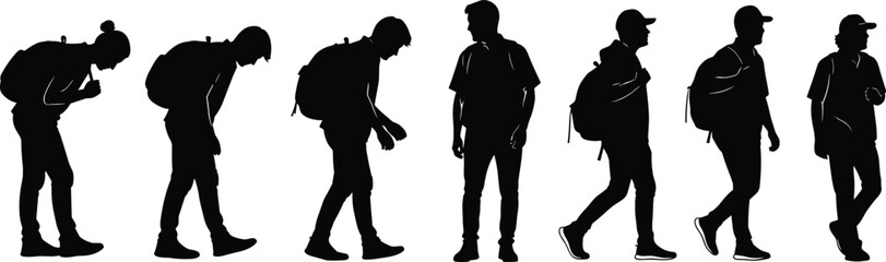 Posture evolution silhouettes, backpack walking figures, hunched to upright stance, body transformation artwork, fatigue to alertness concept, black silhouette illustration, flat vector illustration © TOMSINA