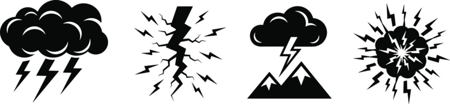 Storm and lightning silhouettes, thundercloud icons, electrical discharge artwork, mountain storm illustration, explosion energy burst design, black silhouette artwork, flat vector illustration