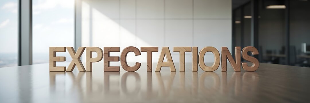 Wooden letters spelling out expectations on a reflective surface in a modern office setting