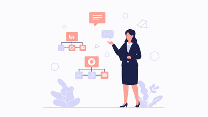 Businesswoman presenting flowchart and data analysis on white background