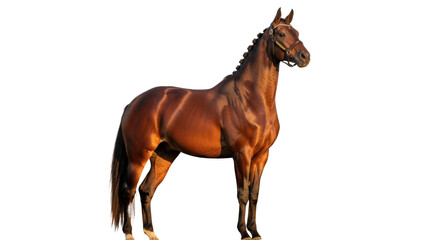 Obraz premium Brown bay horse standing side view studio cutout, Isolated on white background