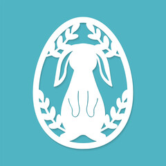 ecorative Easter egg frame with sitting rabbit and leafy branch cutout pattern for laser cutting
