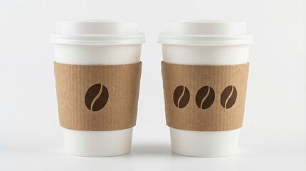 Two white coffee cups with brown sleeves, one with single bean icon, one with three beans, minimalist branding contrast, clean modern caf&eacute; aesthetic.