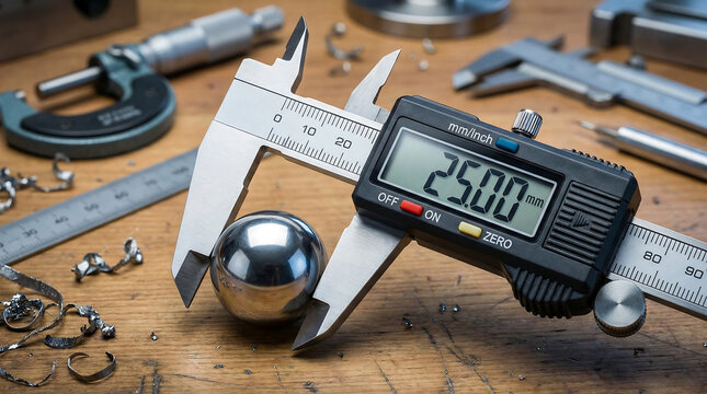 Digital Calipers Measuring a Precise Metal Sphere in a Workshop Setting, Showcasing Engineering Accuracy