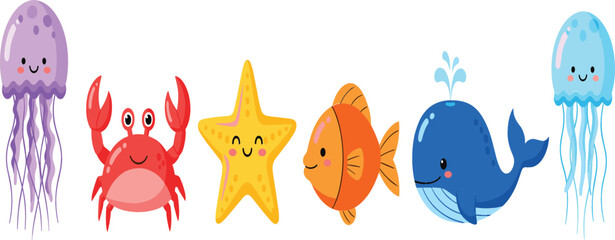 Cute sea animal vector collection featuring a happy jellyfish crab starfish tropical fish blue whale and aquatic life icons for children design. © MstRozinaAkter