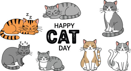 Cute cartoon cat collection vector set for Happy Cat Day featuring sleeping sitting and smiling kittens in various colors and patterns isolated on white background © MstRozinaAkter