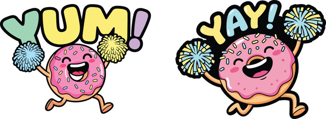Cute Cheerleader Donut Cartoon with Yum Yay Text &ndash; Kawaii Sweet Food Vector Illustration