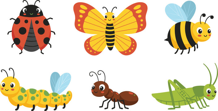 Cute cartoon insect collection vector set featuring colorful ladybug butterfly bee caterpillar ant and grasshopper characters for kids educational materials nursery decor and nature themed designs
