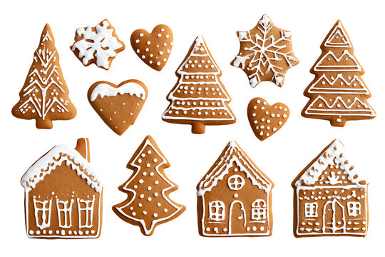 Assorted Gingerbread Cookies with White Icing in Shapes of Trees and Houses, isolated on a transparent background.