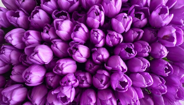 A tightly packed overhead view of a full bouquet of deep purple spring blooms with opened petals. Soft light gives a radiant hue
