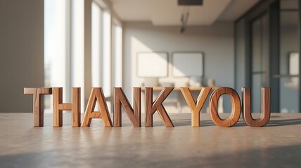 Wooden thank you letters on a table in a modern office space with large windows
