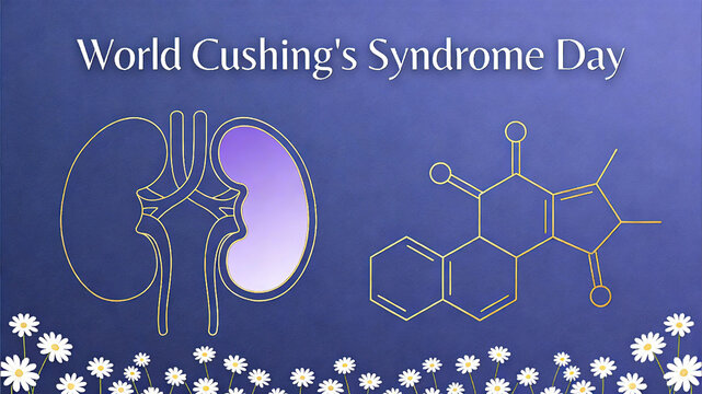 Deep blue background with golden lines highlighting kidney and chemical molecular structure, pathological research and molecular mechanism of Cushing's syndrome, medical research
