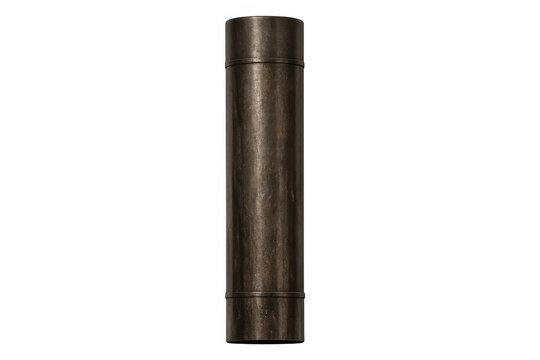 Metal cylinder pipe element, industrial brass tube with weathered texture, constructing engineering equipment, transparent background