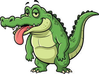 Obraz premium Funny Cartoon Crocodile Mascot Character With Sleepy Eyes And Tongue Hanging Out For Wildlife Education Or Swamp Theme Concept Vector Illustration Isolated On White