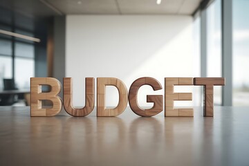 A wooden budget sign on a table in a modern office space with large windows