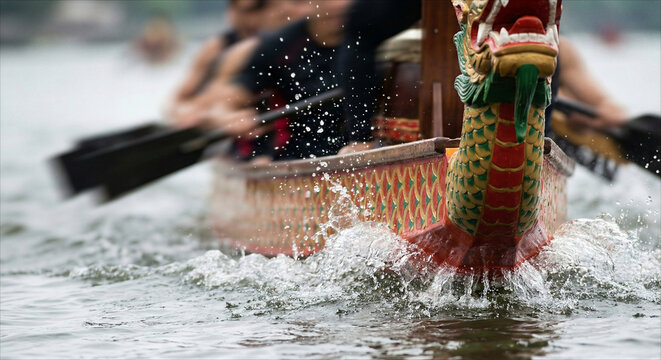 Dragon Boat Cutting Through Water in Dynamic Motion