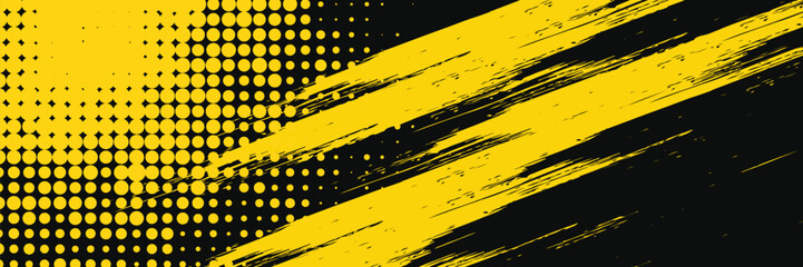 Yellow and black backdrop with dot halftone pattern element. Abstract brush grunge background. retro comic concept for your graphic design, banner or poster. © Sakura