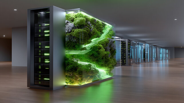 A modern data center integrates lush green nature and glowing circuits for sustainable and eco-conscious technology.