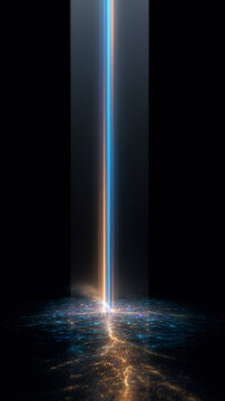 A vibrant blue and orange light beam illuminates a dark, particle-filled floor, creating a mysterious and futuristic digital art concept.