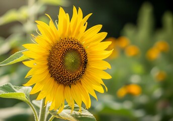 Fototapeta premium Beautiful blooming sunflower in the field at sunset with golden sunlight