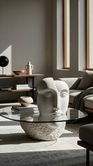 Modern living room interior with abstract sculpture