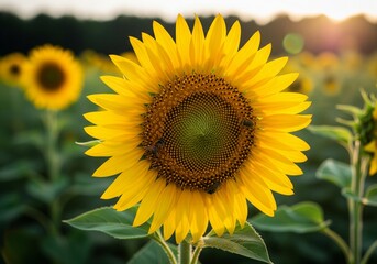 Obraz premium Beautiful blooming sunflower in the field at sunset with golden sunlight