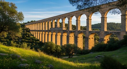 Ancient Roman Aqueduct in Countryside Landscape.