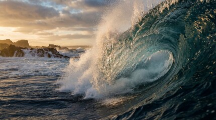 Majestic ocean wave crashing onto rocky shore during golden hour, showcasing the raw power and beauty of nature's force and the sea's dynamic energy