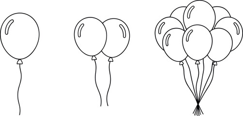 Set of line-drawn party balloons showing single, double, and bouquet bunch arrangements © REYAD