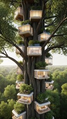 Modern treehouses built into towering old growth tree