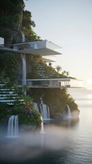 Modern cliffside architecture with waterfalls and lush greenery