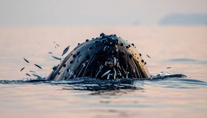 Whale's head rises from water, surrounded by small fish in a low light, pink sunset landscape