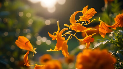 Close-up of orange marigold flower petals in soft sunlight, bokeh background