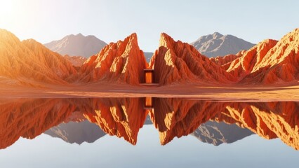 Orange mountains landscape reflecting in still water