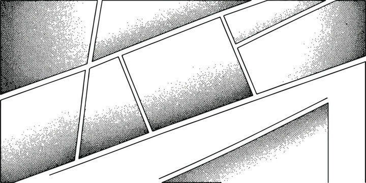 An abstract black and white background featuring a dynamic arrangement of comic book panels with grainy textures