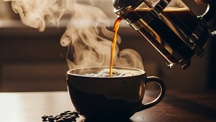 Pouring hot coffee from French press into a mug, steam rising, cozy morning