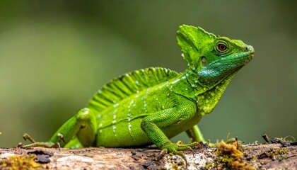 Fototapeta premium Vibrant green basilisk lizard, crested and scaled, posed on a mossy branch against a blurred lush green background