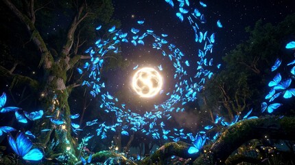Enchanted forest with glowing moon and swirling blue butterflies in a magical night scene