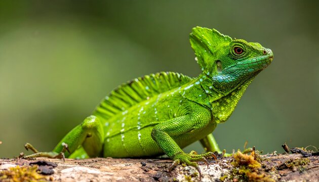 Vibrant green basilisk lizard, crested and scaled, posed on a mossy branch against a blurred lush green background