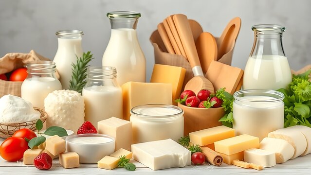 persulfide. Assortment of fresh dairy products arranged in beautiful showcase. menu design, packaging mockups, designed for culinary blogs and recipe cards for restaurants.