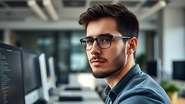 zuckerberg. A male programmer working in a modern office with natural lighting. product launch decks, UI/UX mockups, designed for product launches and innovation pitches, highlights innovation.
