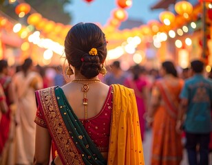 Woman in traditional attire, gazing at a vibrant, festive street illuminated by numerous glowing lanterns at dusk