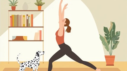 Woman doing yoga with her Dalmatian dog