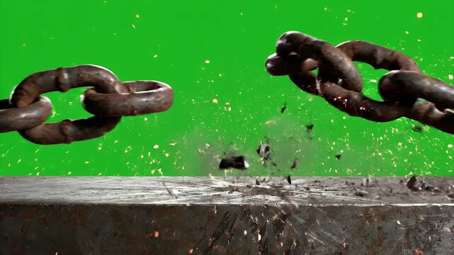 Rusty chains breaking apart with sparks on a gray metal surface, green background