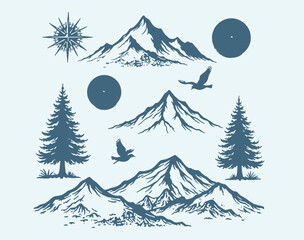 Obraz premium Mountain landscape with pine trees birds and celestial bodies