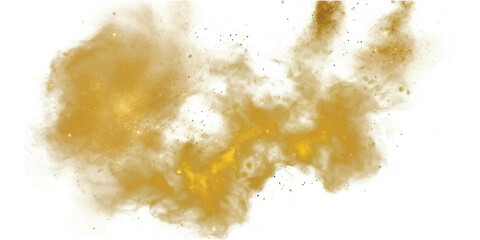 A dynamic burst of golden yellow powder or dust isolated on a clean white background