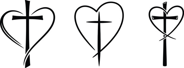 Christian Heart And Cross Minimal Line Symbol Set