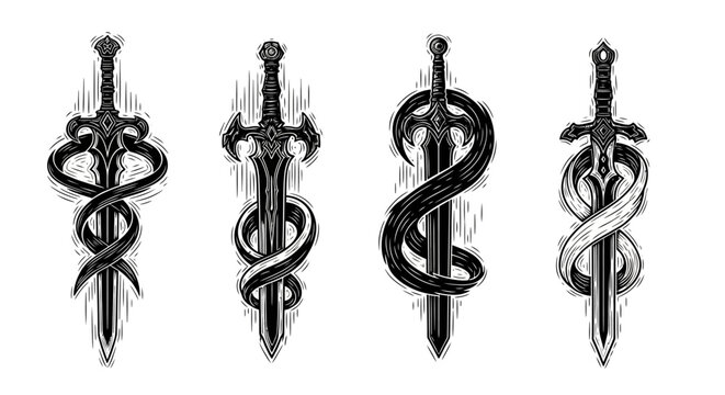 Fantasy sword tattoo set, vector linocut magic blade, dragon wings, fairy tale silhouette collection. Mystic legend snake print, spiritual medieval logotype, witchcraft sign. Sword tattoo black design