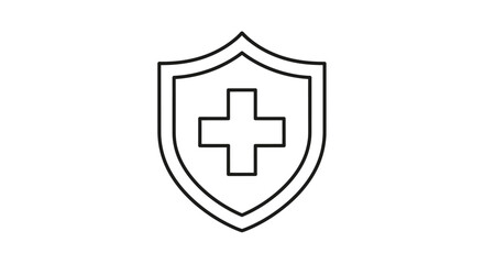 Fototapeta premium A simple black and white line art icon depicting a shield with a medical cross symbol in the center, representing health and protection.