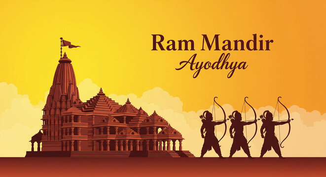 Ram Mandir Ayodhya Silhouette, Vector Illustration on Orange Background.